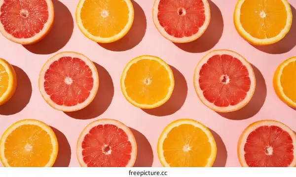 Fresh Citrus Fruits Arranged in Rows on Pink Background