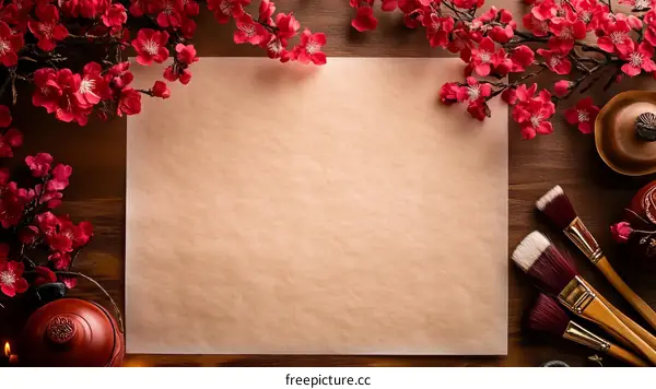 Empty Chinese Paper with Decorative Flowers and Brushes