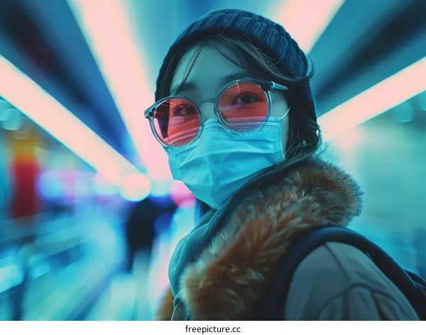 Portrait of a young woman wearing a mask and sunglasses in a city at night