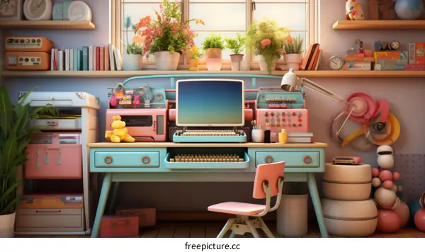 A retro pink and blue home office with a large desk, computer, typewriter, and lots of plants