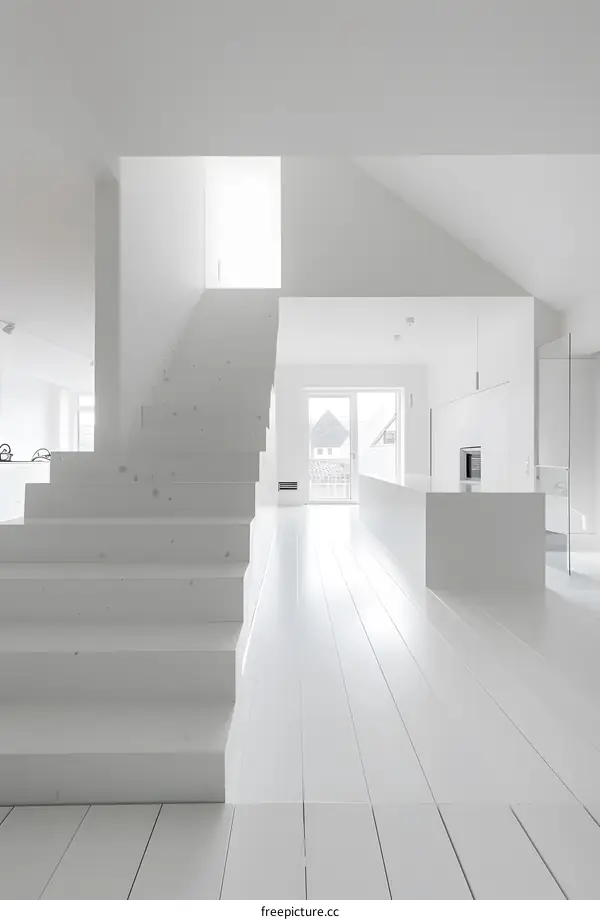 Modern White Minimalist Interior Design with Stairs and Kitchen Counter