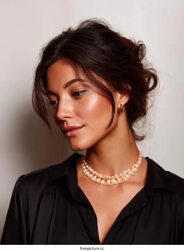Elegant Woman Wearing a Pearl Necklace