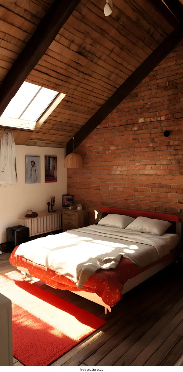 Modern Loft Bedroom with Exposed Brick Wall
