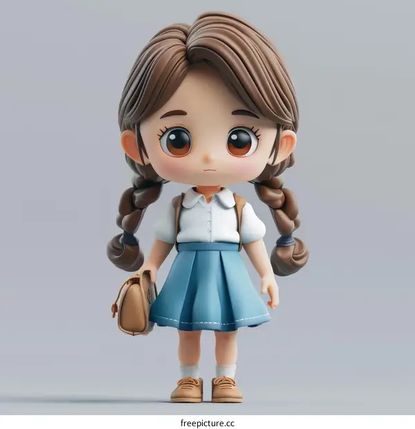 A cute little girl with brown hair and big eyes wearing a school uniform