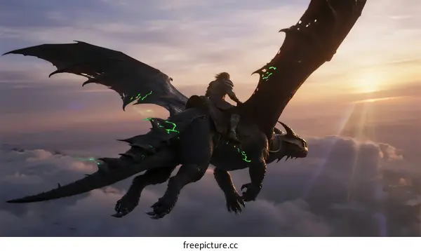 A Person Riding on the Back of a Black Dragon Flying in the Sky