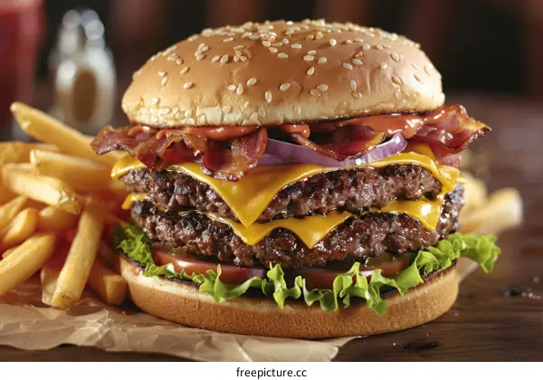 Double Cheeseburger with Bacon and Fries