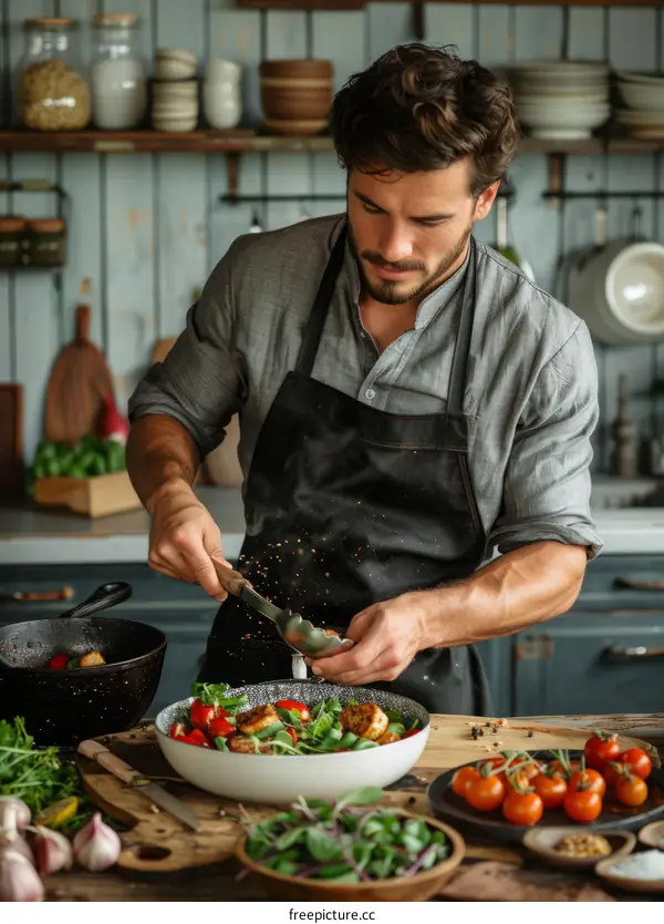 Young male chef is seasoning a salad with spices in the kitchen
