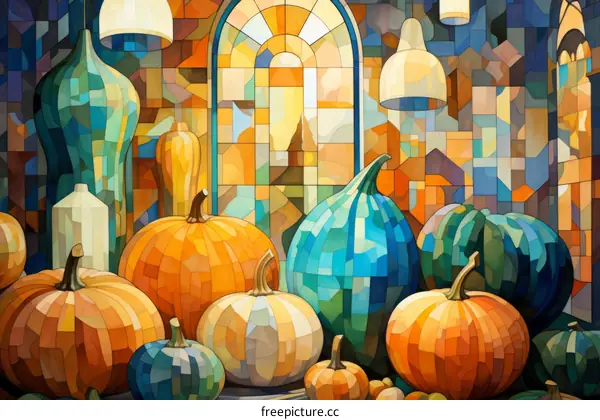 A mosaic artwork of pumpkins and gourds in warm colors