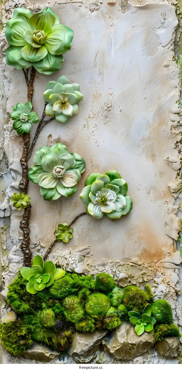Green Succulents and Moss on a Textured Background