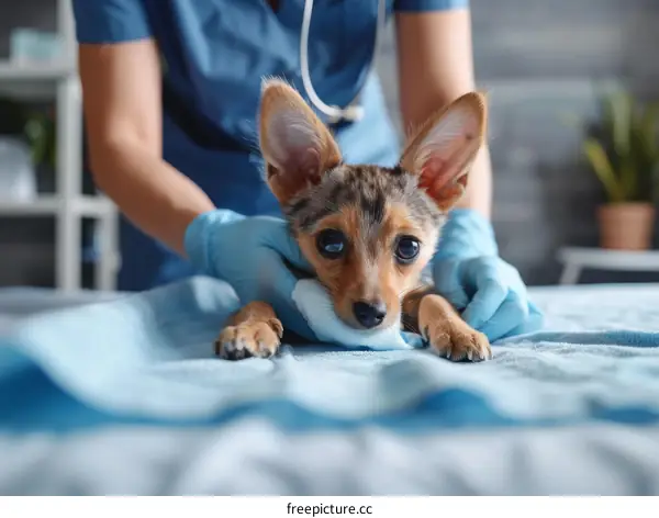 Close-up of a veterinarian examining a small dog