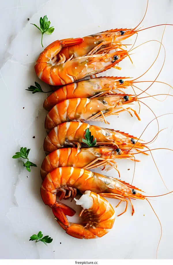 Freshly cooked shrimps on a marble slab