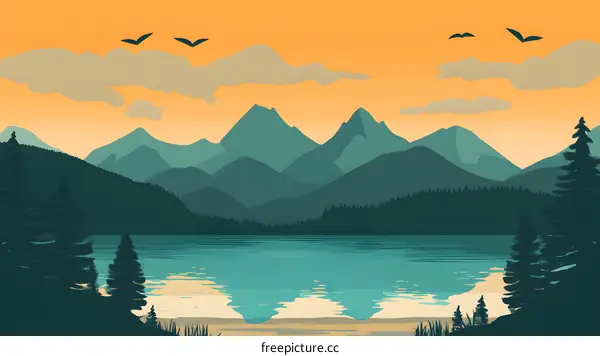 Mountain Lake Sunset Landscape Illustration