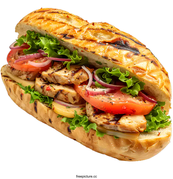 [Transparent Background PNG]Grilled Chicken Sub Sandwich with Lettuce and Tomato