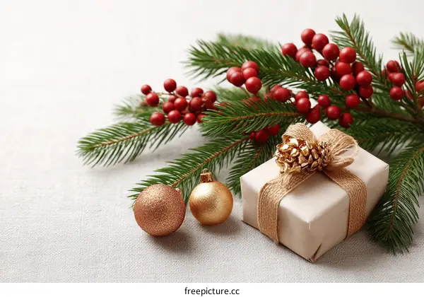 Christmas Decoration Gift Box Arrangement on Light Gray Background