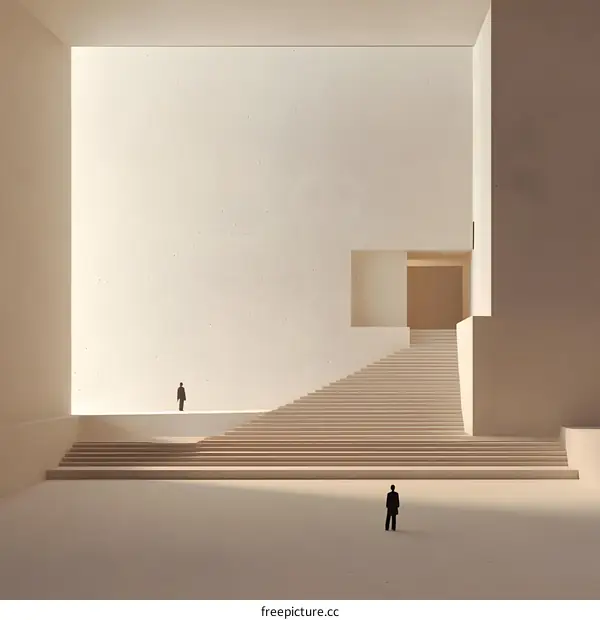 Minimalist Architecture Illustration of Two Figures Standing in a Room with Stairs