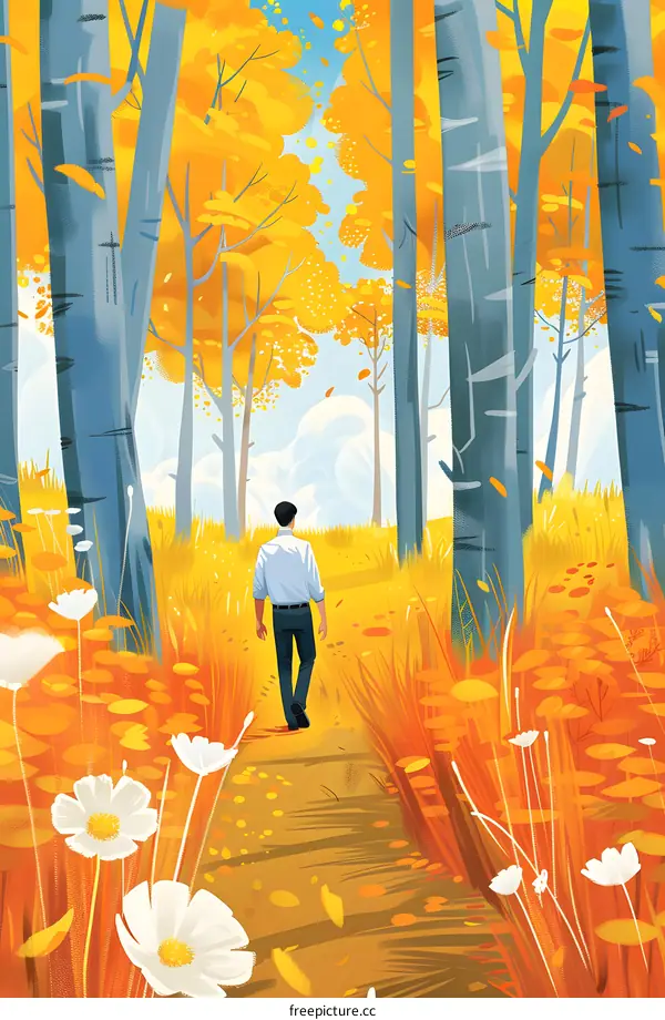 Man Walking Through a Path in an Autumn Forest