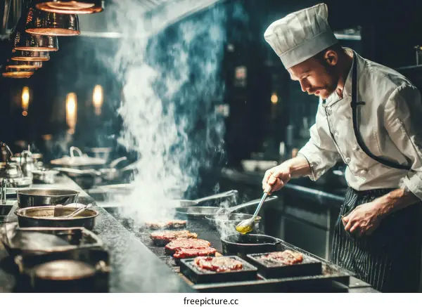 Professional Chef Cooking in a Busy Restaurant Kitchen