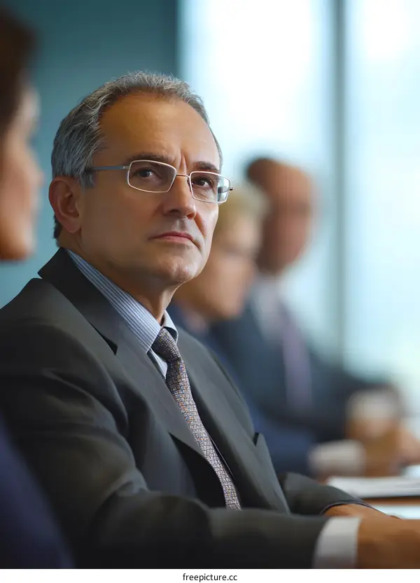 Businessman in Suit Wearing Glasses at Conference