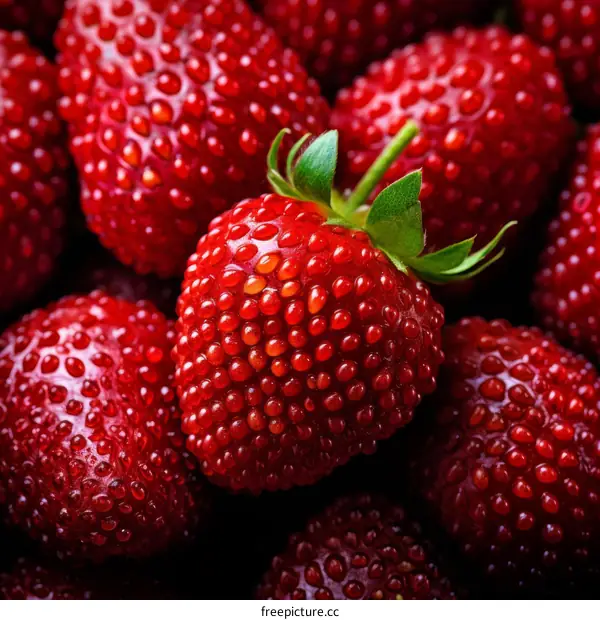 A close-up image of a strawberry with a green stem and red seeds.