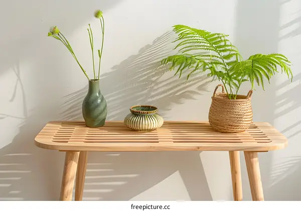 Wooden Table With Green Plants And Vase In A Room