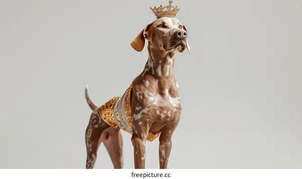 A brown and white spotted dog wearing a gold crown and a golden bikini