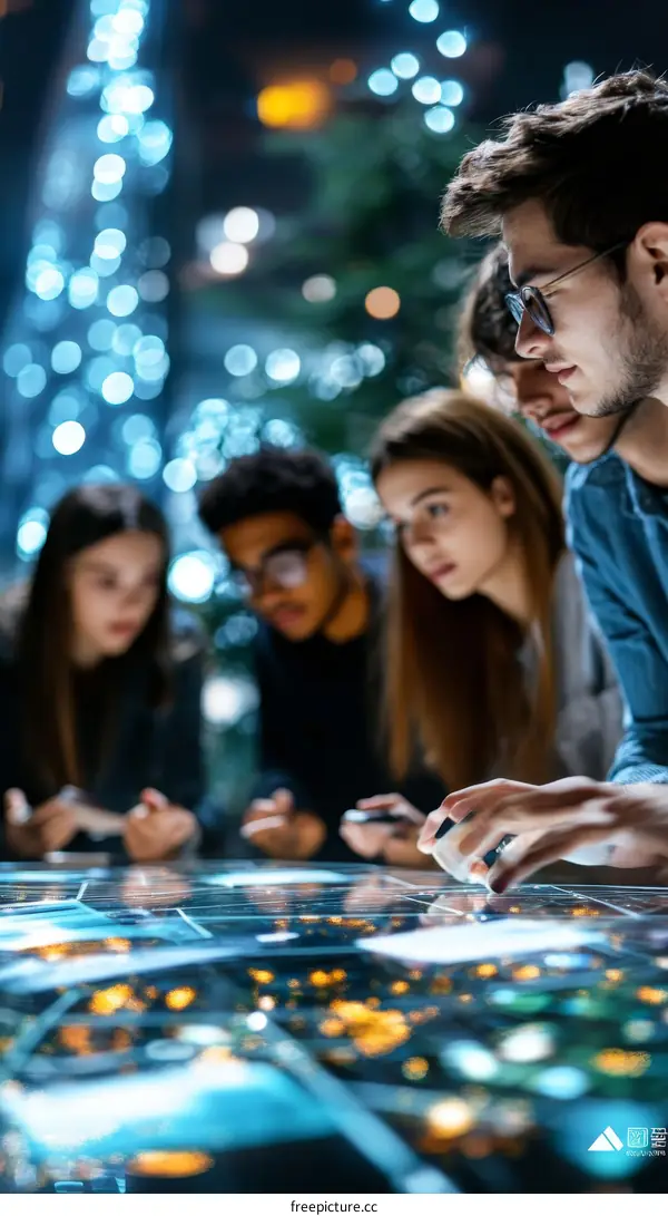 Diverse Group Collaborating on Interactive Digital Map