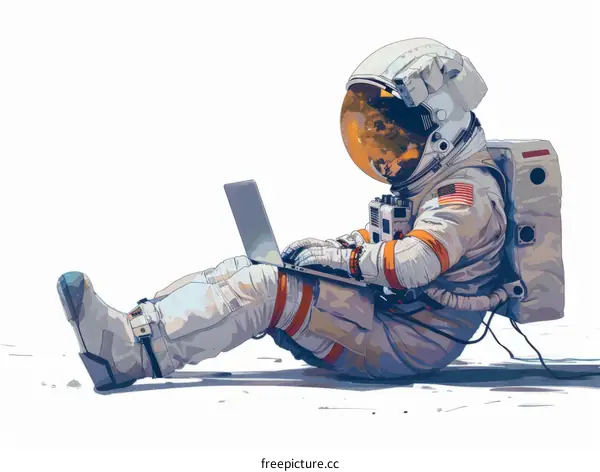 An astronaut is sitting on the moon and using a laptop.