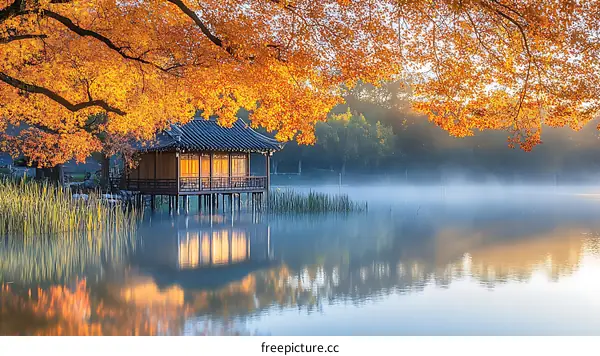 Autumnal Beauty of a Korean Pavilion on a Misty Lake