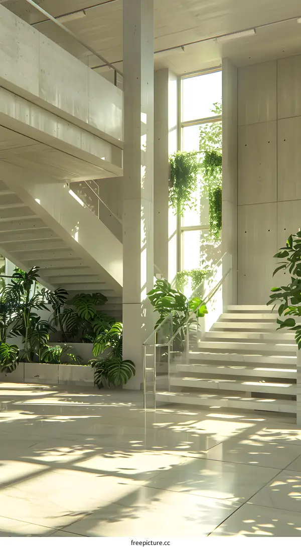 Modern Minimalist Concrete Building Interior Design with Stairs and Sunlight