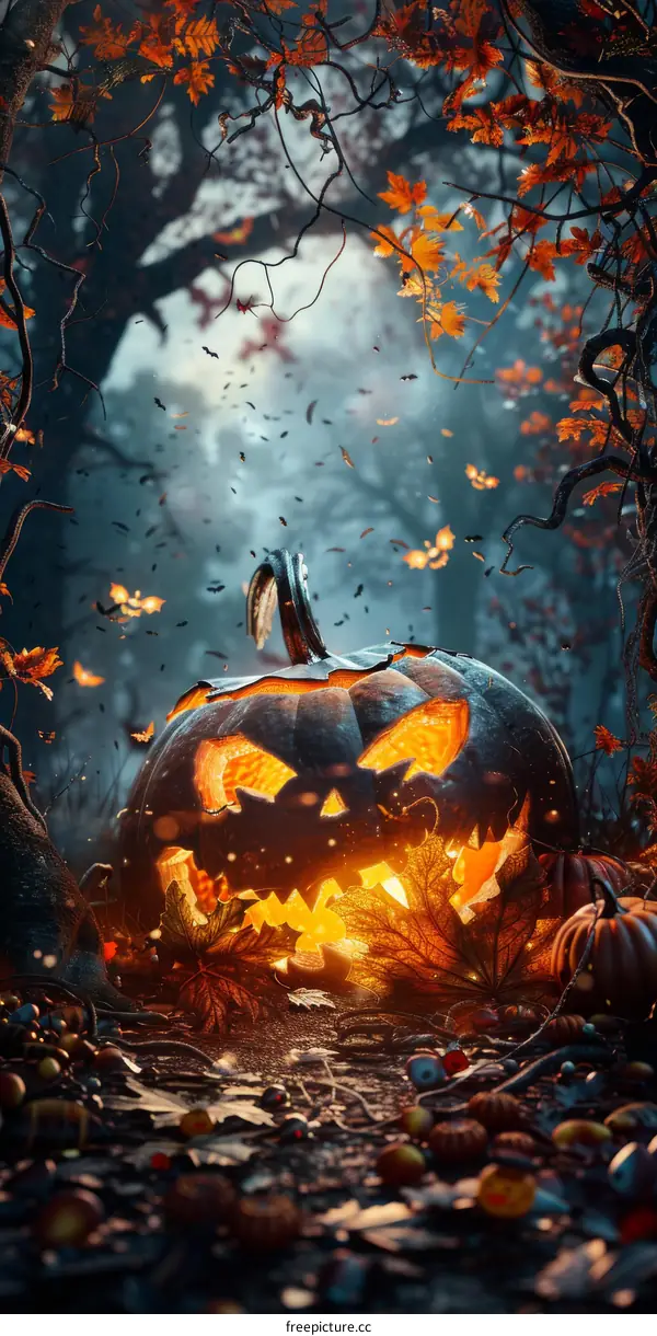 Eerie Jack-o'-Lantern in Autumn Forest at Night