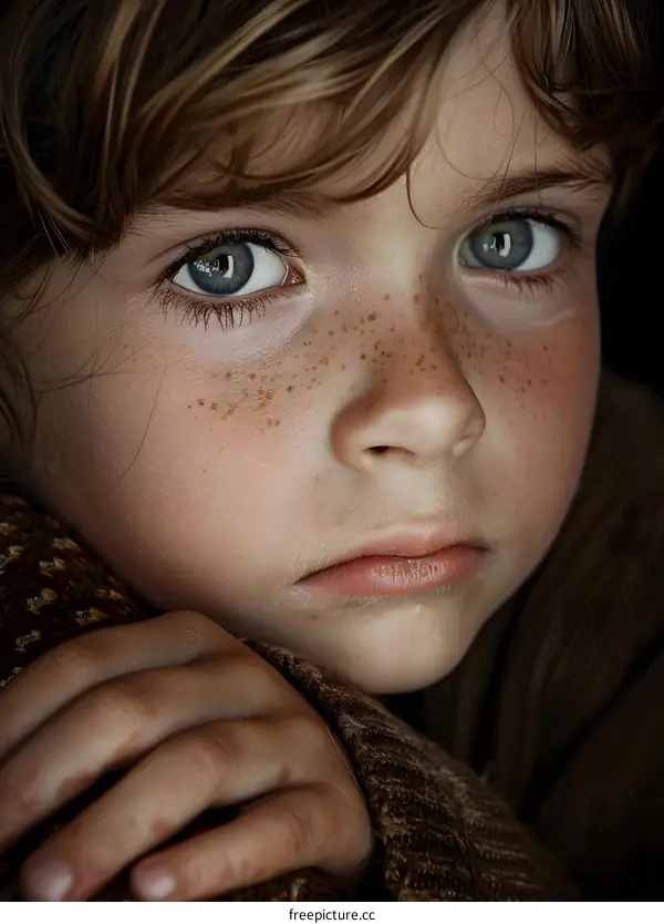 Portrait of a boy with freckles and blue eyes