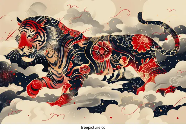 A depiction of a tiger with floral patterns on its body, with clouds in the background