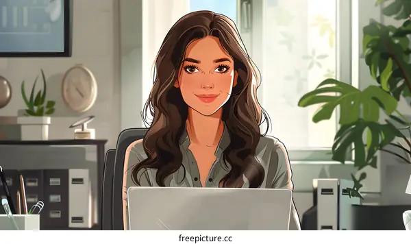 A young woman is sitting in an office and smiling at the camera