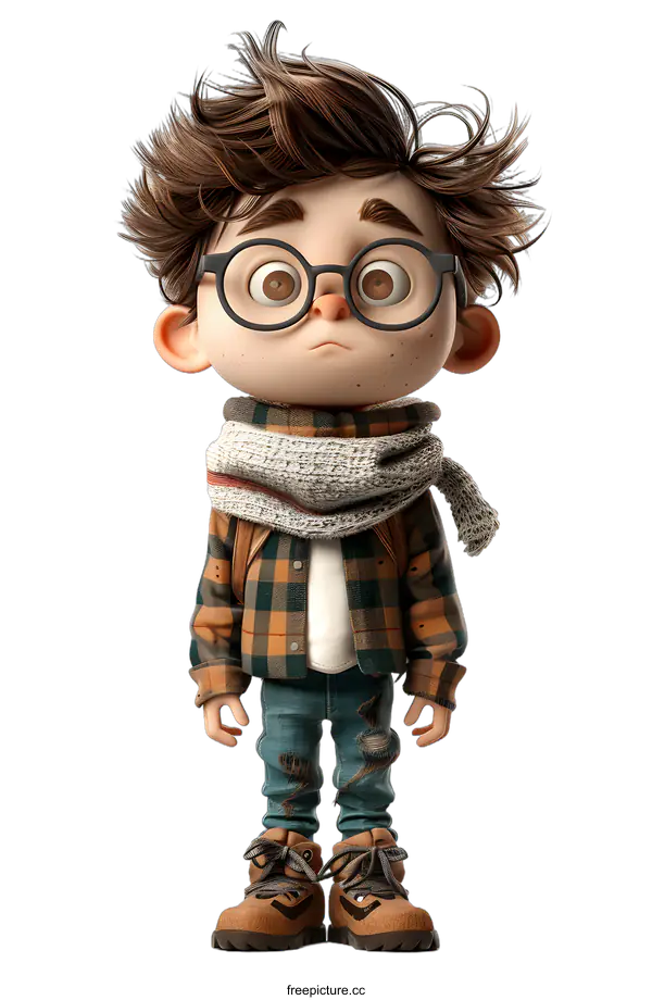 [Transparent Background PNG]Cute Cartoon Boy with Glasses and Scarf