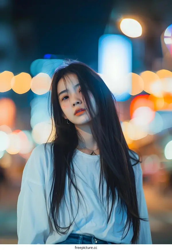 Portrait of a Young Woman with Long Black Hair and a White T Shirt Standing in Front of Bokeh Lights
