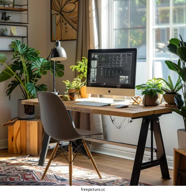 A desk with a computer, plants, and a chair in front of a window.