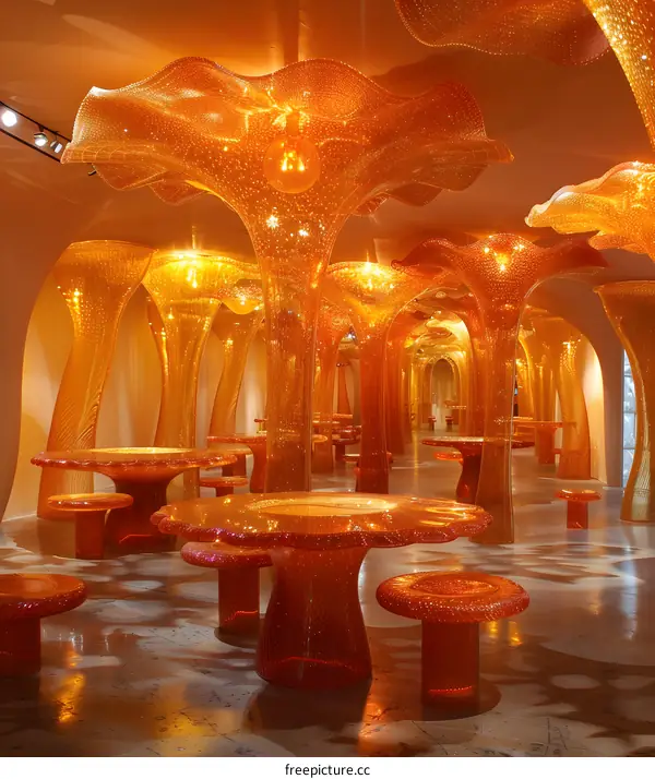 Orange plastic chairs and tables in an art gallery