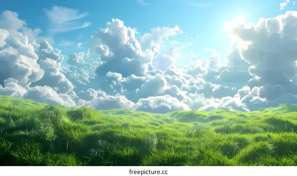 Vast green hills and blue sky with white clouds