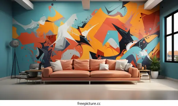 A graffitied wall with a couch in front of it