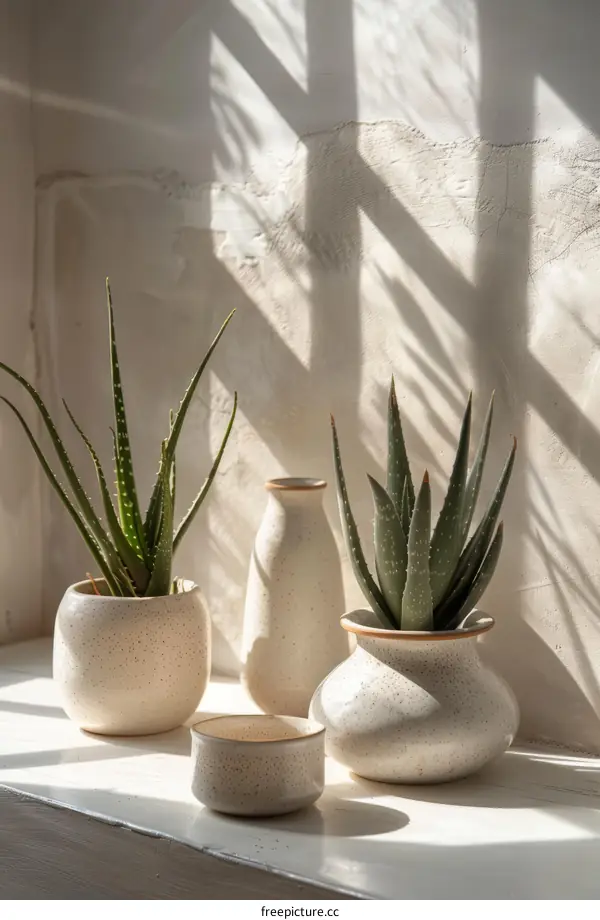 Aloe Vera Plants on Whitewashed Shelf