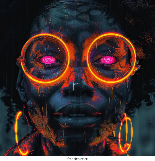 A close up of a woman's face with glowing eyes and neon orange glasses.