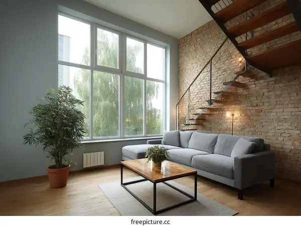 Modern Loft Living Room with Large Windows