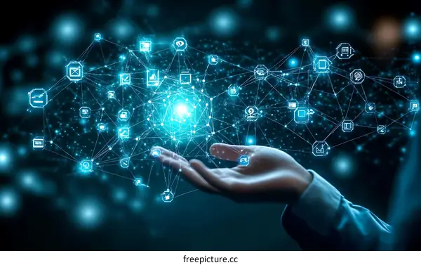 Hand holding digital network of application icons