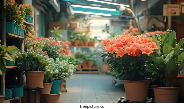 Flower Market Alleyway with Vibrant Plants