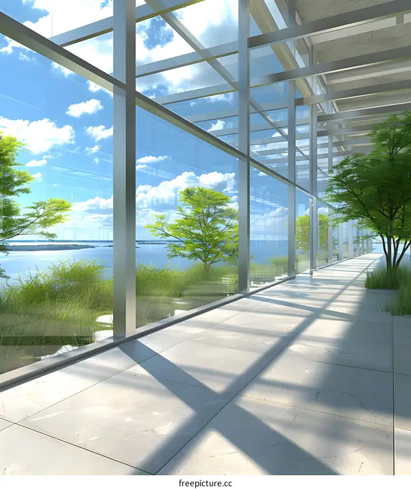 Modern Glass Hallway With Sea View And Green Plants