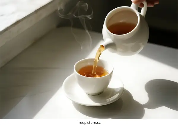 Pouring Hot Tea into White Ceramic Cup on Table