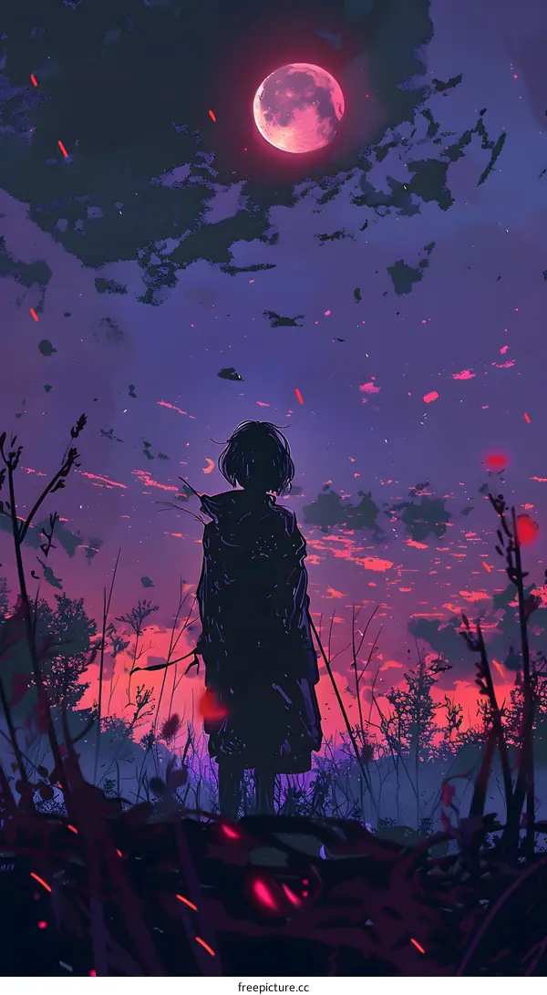 Silhouette of a Girl Standing in a Field Under a Pink Moon