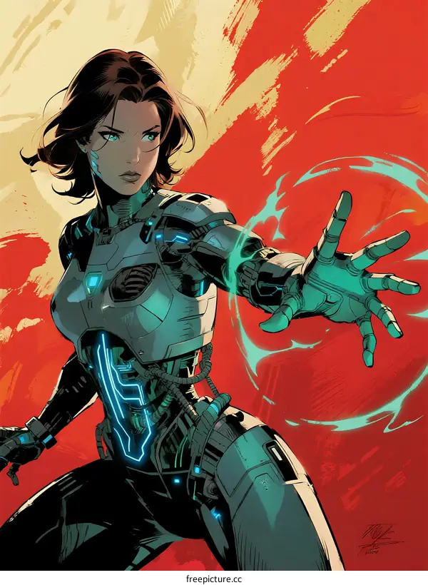 Female cyborg with glowing blue tech extending hands in dynamic pose