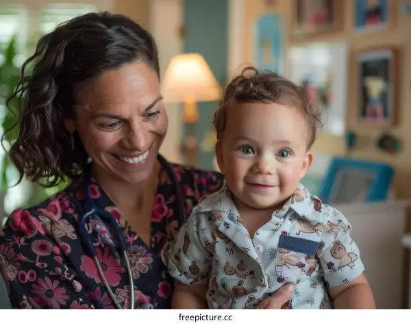 Pediatrician examining a smiling baby
