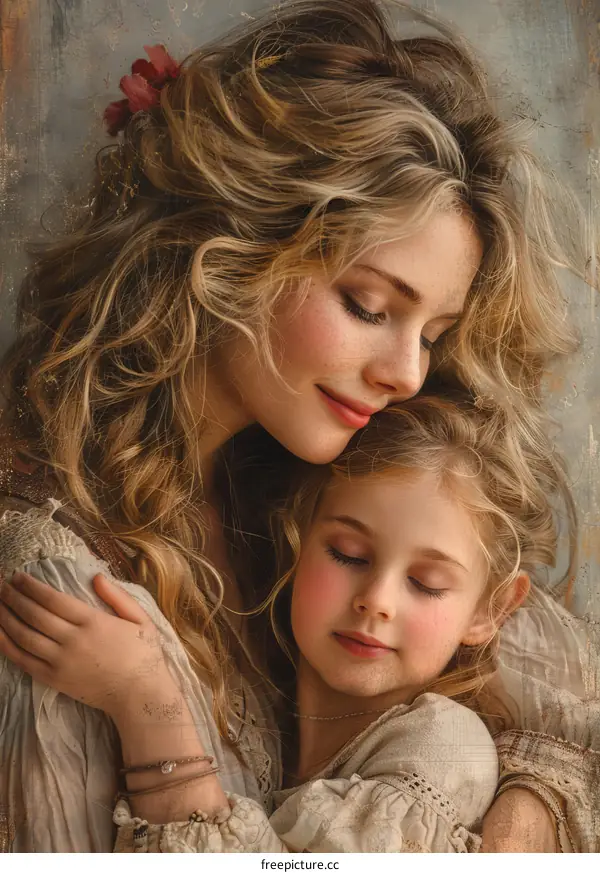 A blonde mother and daughter cuddle together